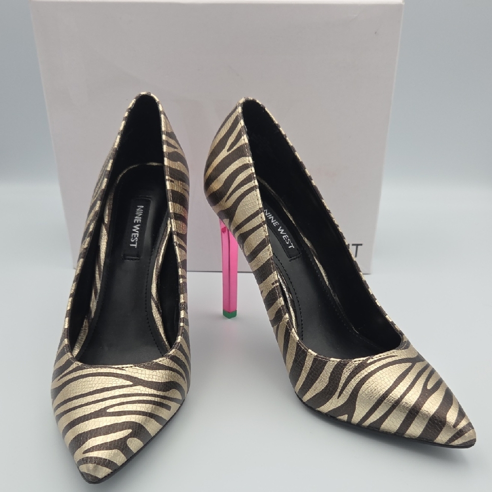 Nine West Brown and Gold Tone Zebra Print Heels Tatiana 6.5 M
